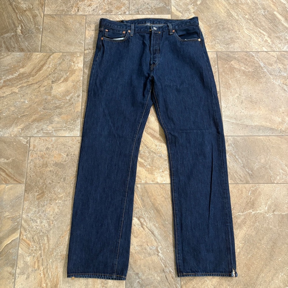 Levi's 501 Jeans Dark Wash Straight Leg Denim Zipper Hem Mens W36 L34
